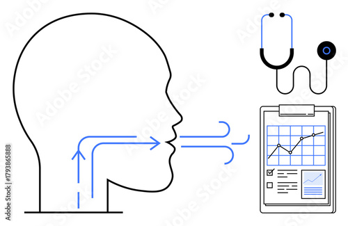 Profile of a head with airflow, stethoscope, and clipboard showing graphs and notes. Ideal for healthcare, diagnostics, medical research, respiratory care, data analysis, treatment innovation