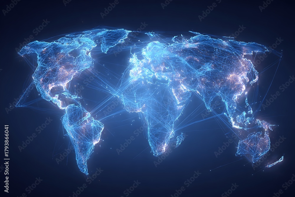 Fototapeta premium Transparent floating world map overlay on technology background with glowing lines connecting.