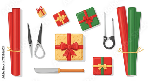 Giftwrapping tools  presents arranged redgreen wrapping paper goldredgreen gifts scissors box cutter string