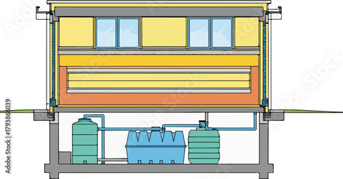 Diagram of a Water Purification System with Tanks and Pipes in a Technical Illustration