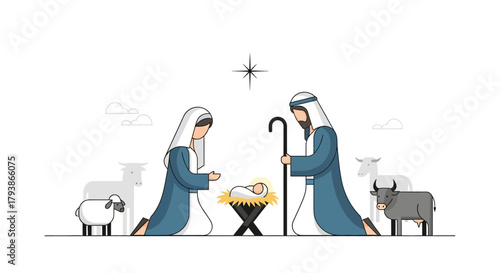 Minimalist nativity scene Mary Joseph baby Jesus in manger animals star above