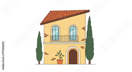Charming Tuscan Villa Illustration, Capturing the Essence of Italian Architecture and Landscape with its Unique Design and Warm Color Palette