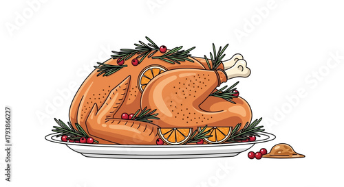 Roasted turkey with garnish on a platter accompanied by cranberries and gravy