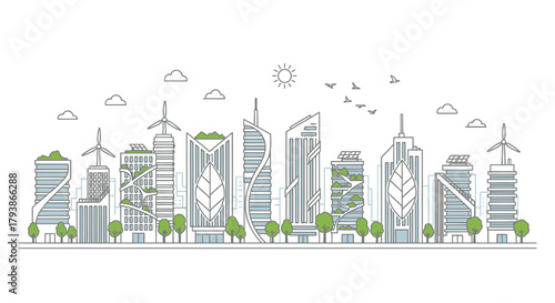 Eco-friendly cityscape with sustainable architecture and renewable energy.