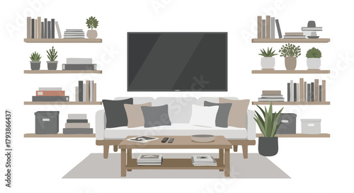 Cozy living room interior with bookshelves, sofa, television and coffee table showcasing modern home design aesthetics