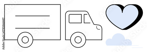 Truck alongside heart shape and cloud. Ideal for delivery, logistics, care, sustainability, transport, efficiency, online shopping. Minimalist and simple flat metaphor