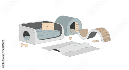 Elegant Minimalist Cat Furniture Arrangement for Modern Pet Living Spaces and Comfort with Playtime Elements Depiction