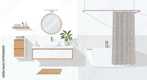 Serene bathroom interior with minimalist design elements, modern fixtures and soft natural light creating a tranquil and inviting space for