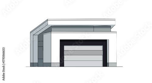 Architectural garage illustration showcasing modern design principles and contemporary aesthetic, emphasizing clean lines and monochromatic palette