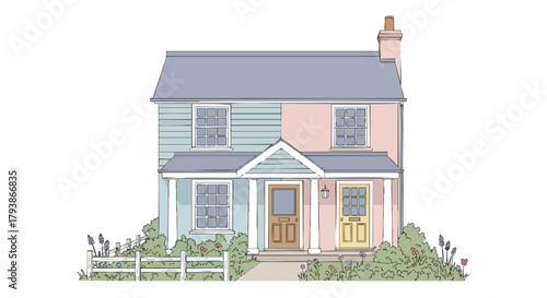 Whimsical dual toned house with garden flowers captures the essence of suburban serenity and home ownership aspiration