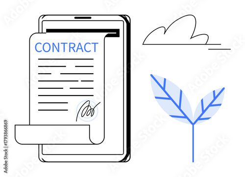 Digital tablet displaying a signed contract, complemented by a cloud and a leaf outline. Ideal for business, sustainability, technology, digital transformation, eco-friendly practices, legal