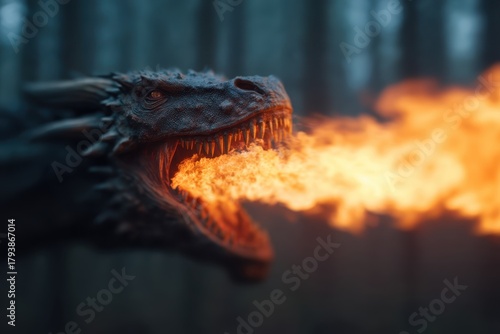 Comic Fantasy Dynamic pose concept. Majestic dragon exhaling flames in a mystical forest setting.