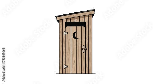 Illustrated weathered wooden outhouse with a crescent moon door detail against a stark white background image art