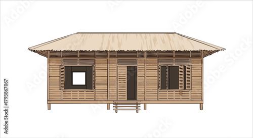 Detailed vector illustration of a traditional stilt house with a thatched roof against a white background showcasing intricate wood construction and