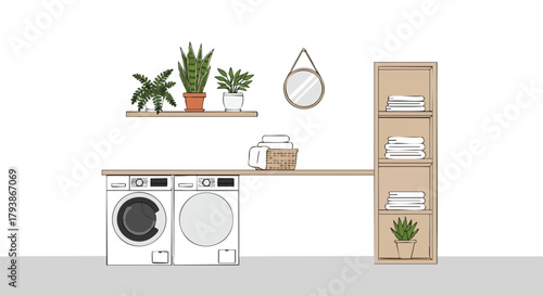 Laundry room with a serene ambiance featuring washing machine, dryer, indoor plants, and minimalist decor providing a sense of calm and freshness