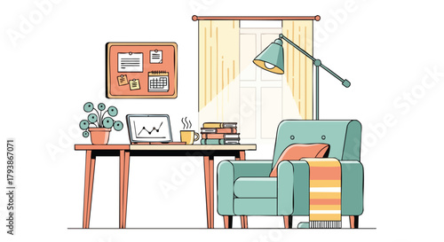 Serene workspace illustration featuring a comfortable armchair and desk with a laptop perfect for creative projects and productivity showcasing a
