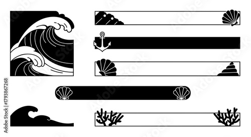A vector collection of nautical design elements. Includes a Japanese style ocean wave, decorative frames and banners with anchor, seashell, and coral icons.