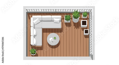 Balcony retreat with a modern sectional sofa, round table, and vibrant potted plants creating an intimate outdoor relaxation space