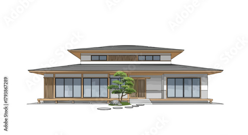 Architectural depiction showcasing a serene and modern home harmonizing with the simplicity of nature blending architectural styles with understated