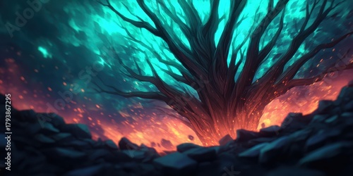 Comic Fantasy Dynamic pose concept. Vibrant abstract tree emerging from colorful cosmic background.