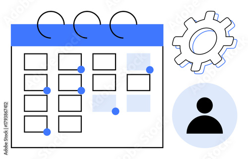Calendar with highlighted dates, user icon, and gear for settings emphasizes productivity, scheduling, and customization. Ideal for planning, management, workflow, organization collaboration tasks