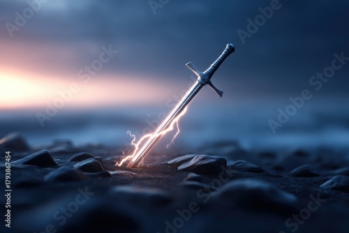 Comic Fantasy Dynamic pose concept. A sword emitting light on a rocky surface at twilight.