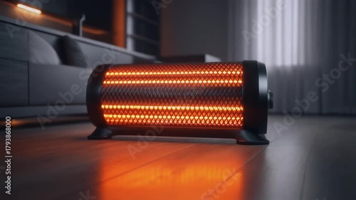A modern electric heater illuminates a dark room with its warm orange glow on a wooden floor.