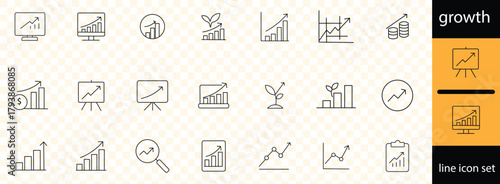 growth and success set of web icons in line style. Growth and success icons for web and mobile app. Growth profit, career progress, business people, strategy, coaching, tutorship, success