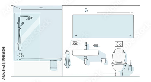 Modern bathroom design sketch featuring a bathtub shower, sink mirror, and toilet in minimalist style showcases a contemporary aesthetic with clear
