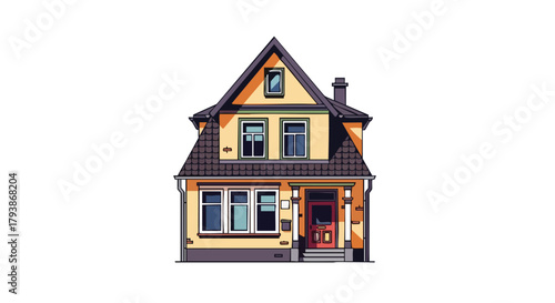 Charming Facade: A Stylized Depiction of a Classic Detached House with Distinct Architectural Features and Color Palette in a Clean Vector Style