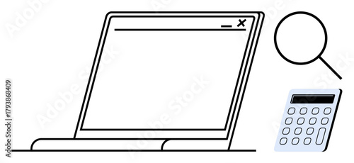 Open laptop with search bar, magnifying glass, and calculator portraying research, analysis, and productivity. Ideal for business, finance, education, technology research organization calculation
