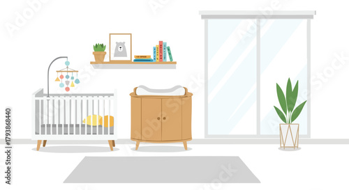 Serene nursery interior featuring a crib, changing table, window and decorative elements in soft light color palette