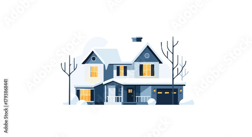 Stylized depiction of a snow-covered house in winter with bare trees around it, offering a tranquil scene and a cozy atmosphere with lights on