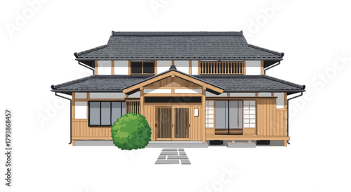 Elegant depiction of a traditional japanese house with a lush green shrub and stone pathway, showcasing cultural architectural beauty