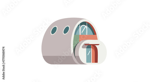 Stylized Pod-Shaped Residence with Unique Architectural Elements and Clean Lines, Modern House Illustration, Isolated Design on White Backdrop