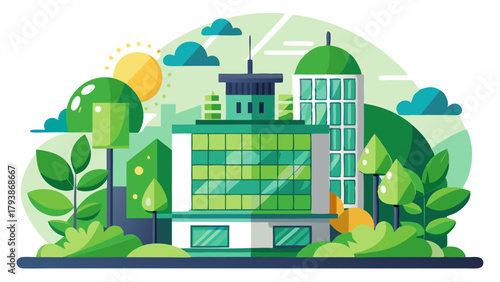 Modern green office building with sun and clouds, surrounded by trees and bushes, ecofriendly urban design