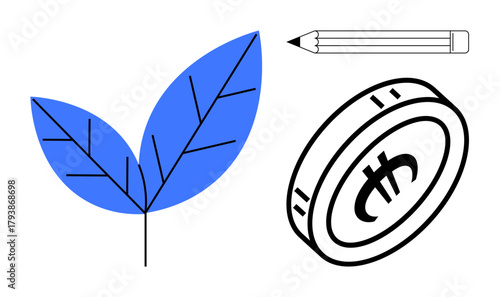 Blue leaf, monetary coin, and pencil symbolizing eco-consciousness, financial growth, and creativity. Ideal for sustainability, finance, innovation, ecology green business education eco awareness