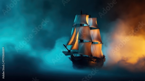 Comic Fantasy Dynamic pose concept. A ship sailing through a mystical fog with glowing sails.
