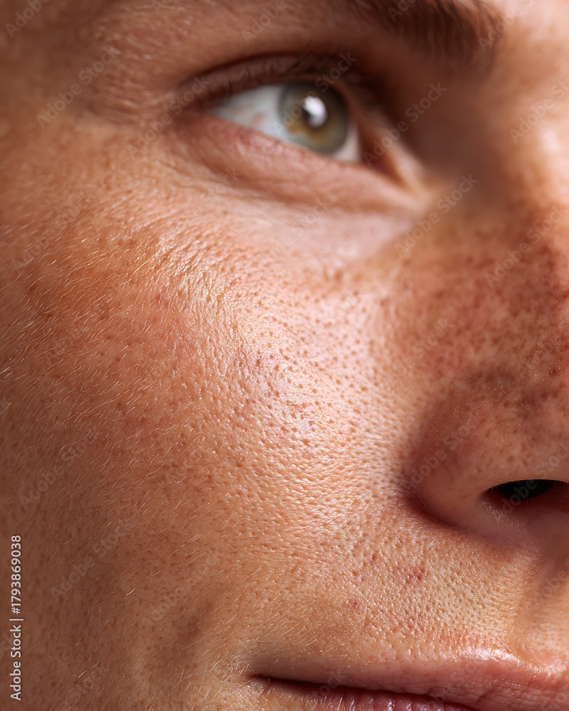 Fototapeta premium Macro close-up of oily facial skin showing visible pores and natural shine on the nose area under daylight.