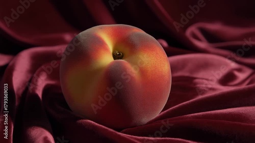 A single ripe peach with a fuzzy skin resting on a luxurious red satin fabric, highlighting its vibrant colors and soft texture.