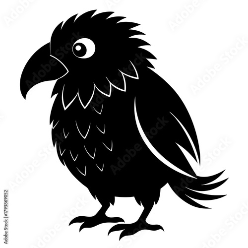 A black silhouette of a parrot with detailed feathers and a large beak, standing on its feet, isolated on a