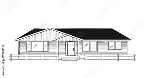Detailed Line Art Illustration of a Ranch Style House Exterior with a Wood Fence