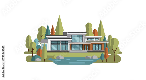 Contemporary home illustration amidst a serene natural landscape creating an idyllic living environment surrounded by trees and a tranquil pond