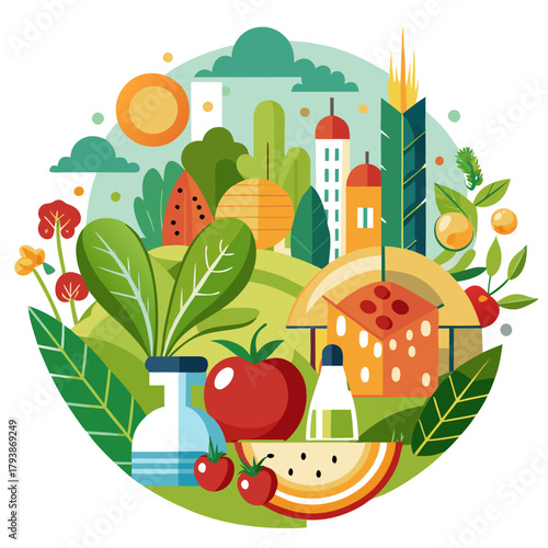 Flat illustration of a healthy food concept with fruits, vegetables, and bottles of oil and vinegar, set against a backdrop of a stylized city skyline and sun