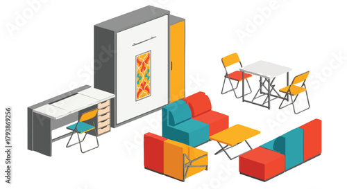 Colorful and versatile living space arrangement showcasing furniture combinations for compact living or modern urban apartments