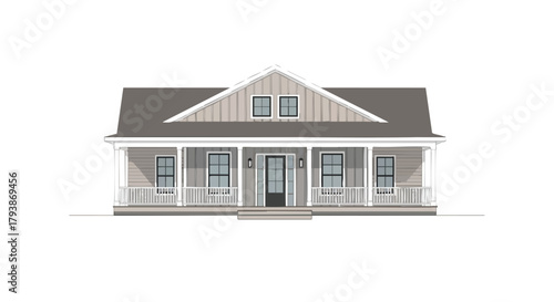 Detailed architectural rendering showcasing a charming single-story home with a covered porch and gable roof design