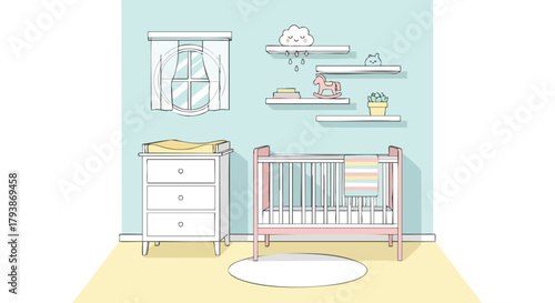 Delightful and Serene Nursery Illustration Showcasing Pastel Palette and Cozy Furnishings for Infants