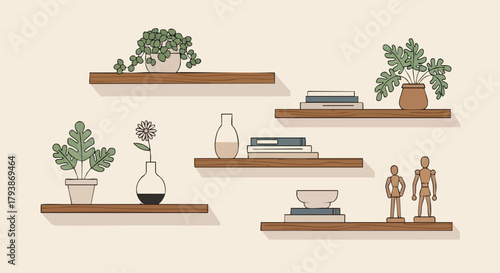 Floating Shelves Decor with Plants, Books, Vases, and Artistic Figures for Home Organization Ideas