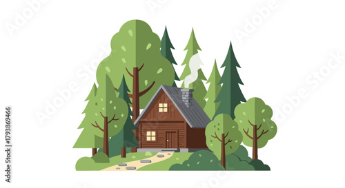 Charming woodland cabin retreat: An illustration of a rustic log cabin nestled within a lush forest landscape, evoking peace and simplicity