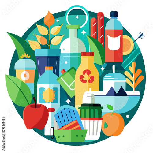 A vibrant circular composition of various reusable containers, bottles, fruits, and cleaning supplies, promoting a sustainable and ecoconscious lifestyle with a focus on reducing waste